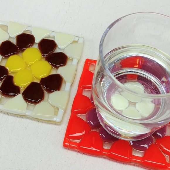 Set of 2 Fused Glass Granny Square Coasters - Picture 2 of 7